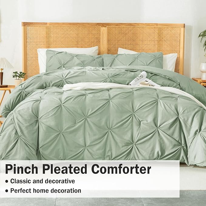 Andency Sage Green Comforter Twin(66x90Inch), 2 Pieces(1 Pintuck Comforter, 1 Pillowcase) Microfiber Pinch Pleat Comforter Set Twin Size, Lightweight and Soft Bedding Comforter Set