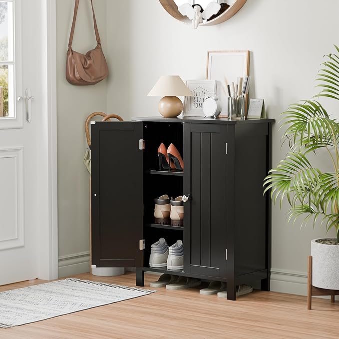 SUPER DEAL Modern Bathroom Floor Storage Cabinet with Adjustable Shelf and Double Door Rust Proof, Living Room Modern Home Furniture Storage Organizer Cabinet, Black