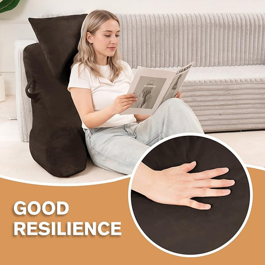 Portable Reading Pillows with Headrest for Bed Sitting Up(Brown Oeko-Tex), Velvet Back Pillow with Arms & Pockets for Adults, Support Memory Foam Bed Pillow for Dorm/Reading/Watching/Gaming