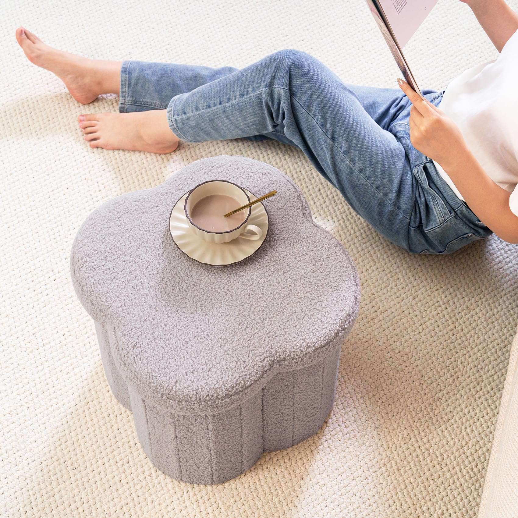 B FSOBEIIALEO Storage Ottoman Cube, Flowers Shaped Ottomans with Storage Foot Stool Footrest for Lving Room, Boucle Ottoman Seat for Dorm Room,Faux Teddy Fur,White 12.6"x12.6"x12.6" Dormly