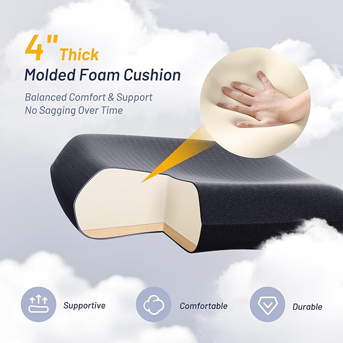 Office Desk Chair for Long Hours & Lower Back Pain Relief – 4“ Thick Molded Foam Cushion, Enhanced Lumbar Support, Padded Flip-up Armrests, Black