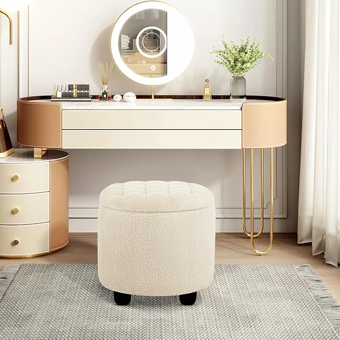 Furniliving Modern Round Storage Ottoman,Button Tufted Ottoman Footstool Ottomans with Removable Lid Storage Stool for Living Room, Bedroom, Makeup Room, Faux Fur, White