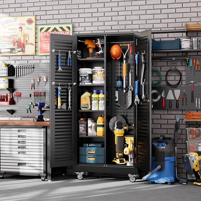 SUXXAN Broom Closet with Wheels 71"x 31.5"x15.75", Metal Cleaning Cabinets with Louvered Doors Hooks and Hanging Rods, Lockable Cabinet with Pegboard, Adjustable Shelf,for Garage, Laundry Room