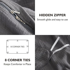 EMME Muslin Cotton Duvet Cover Set Dark Grey Queen Size Linen Like Soft Breathable Lightweight Summer Comforter Cover Set with Zipper Closure (Dark Grey, Queen, 90