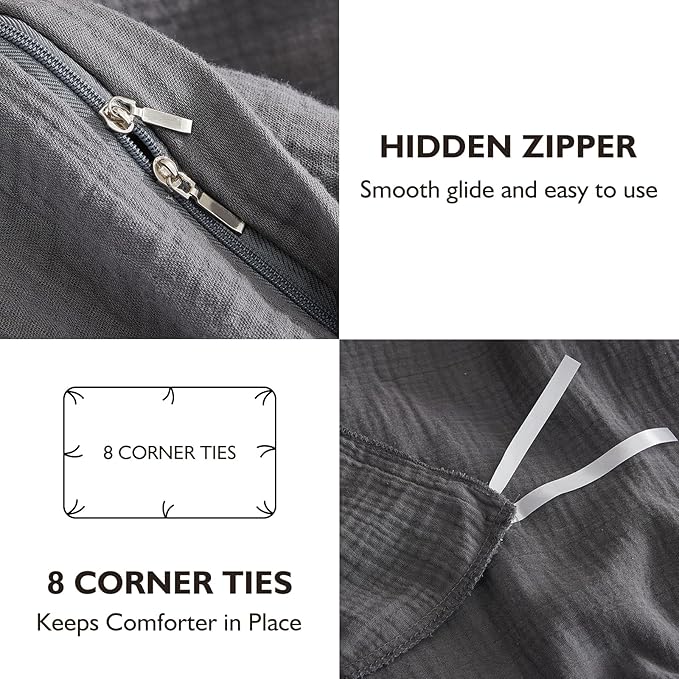 EMME Muslin Cotton Duvet Cover Set Dark Grey Queen Size Linen Like Soft Breathable Lightweight Summer Comforter Cover Set with Zipper Closure (Dark Grey, Queen, 90"x90")