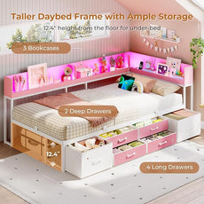 VIAGDO Corner Bed Frame with Storage Bookcase and 6 Drawers, Twin XL Metal Platform Corner Bed Frame with LED Lights and Charging Station, Twin XL Daybed for Kids Teenagers, Pink