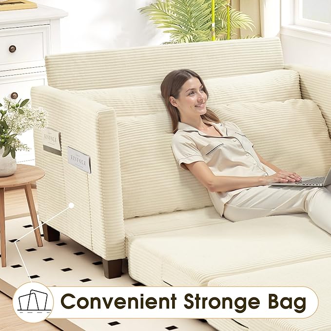 51" Convertible Loveseat Sofa Bed, 2-in-1 Folding Sofa Bed with 2 Pillow for Small Spaces, Modern Loveseat Sleeper Couch for Apartment, Living Room & Guest Room (Corduroy Beige, 51 inch)