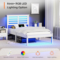 VINGLI Solid Wood Twin Bed Frame with LED Lights & USB Charging Station Single Platform Panel Bed with 40 Inches Tall Headboard for Kids,No Box Spring Needed,White