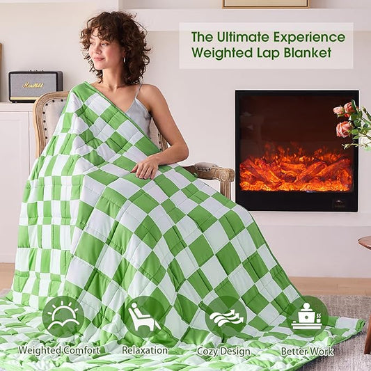 Green Checkered Weighted Blanket for Adults 15lbs, 48"x72", Twin Full Size Cooling Plaid Heavy Throw Blanket for 120-160lbs, Microfiber Soft Thick Big Blankets Weighted Comforter Gift for Sleeping