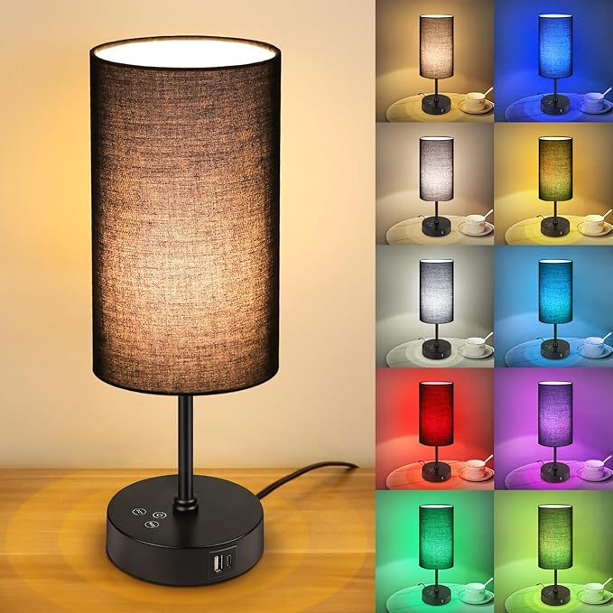 Unicozin Table Lamp for Bedroom, 3 Color Temperatures, 7 RGB Colors, Adjustable Brightness, Dual USB Charging Ports, Ambience Nightstand Light with Black Shade, Desk Lamp for Kids Reading Home Office