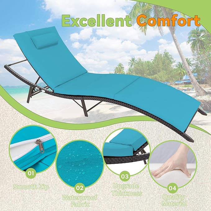 Patio Chaise Lounge Set 3 Pieces Pool Lounge Chairs,Cushioned Outdoor Folding Lounge Chair w/Rattan Adjustable Backrest for Poolside Porch,Folding Table Included,Turquoise Blue