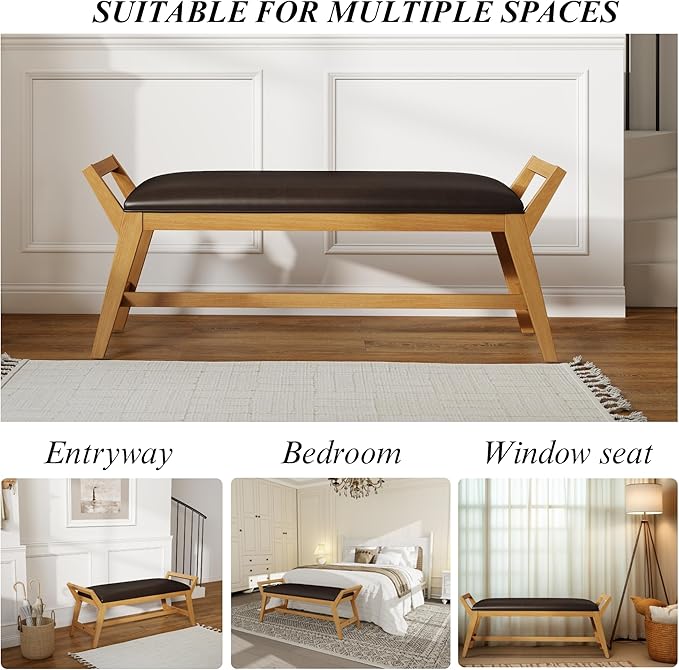 51" End of Bed Bench, Entryway Bench with Solid Wood Frame Fabric Ottoman Bench for Bedroom/Entry/Living Room, PU Leather Brown