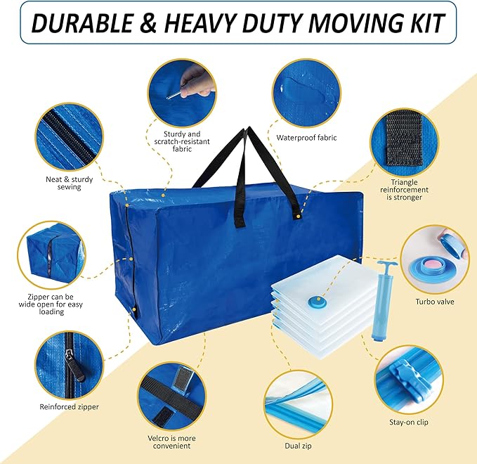 10 Pack Heavy Duty Extra Large Moving Bags with Backpack Straps & Vacuum Storage Bags, Moving Totes with Handles for Space Saving, Christmas Storage Bags for Wreaths, Garlands, Decoration & Ornaments