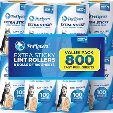 PetLovers Extra Sticky Lint Roller Mega Value Set for Pet Hair Removal, Dog and Cat Lint Remover (8 Pack Refills)