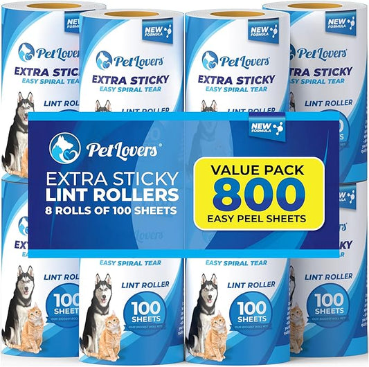 PetLovers Extra Sticky Lint Roller Mega Value Set for Pet Hair Removal, Dog and Cat Lint Remover (8 Pack Refills)