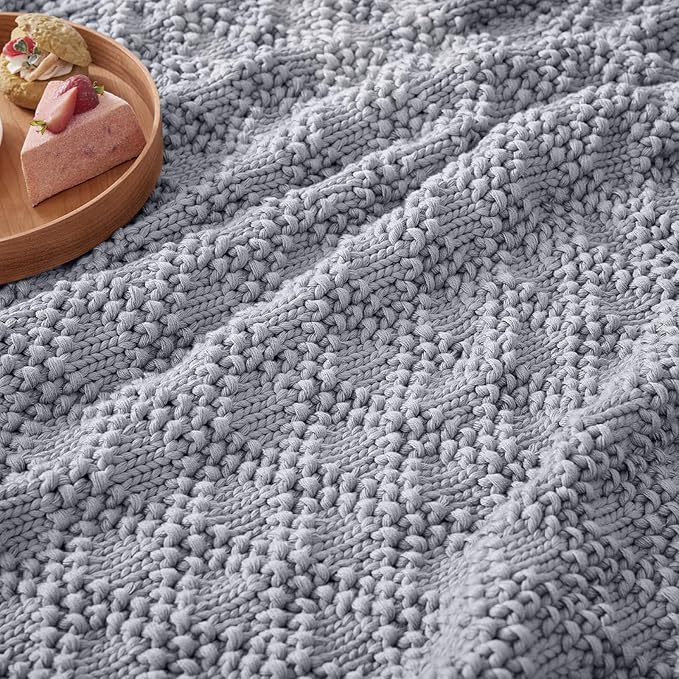 Knitted Weighted Blanket for Adult, Chunky Knit Weighted Throw for Sleep 50"*60" 5lbs, Cooling Breathable Heavy Blanket for Hot Sleepers, Machine Washable Blanket for Room Decor(Light Grey)