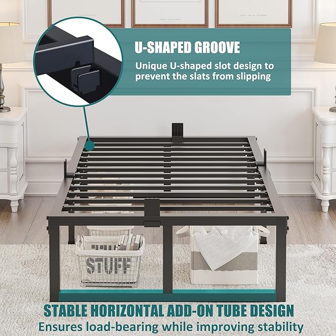 16 inch Twin Bed Frame,3500 lbs Heavy Duty Metal Platform,Steel Slats Support/No Box Spring Needed/Noise Free/Non-Slip/Easy Assembly