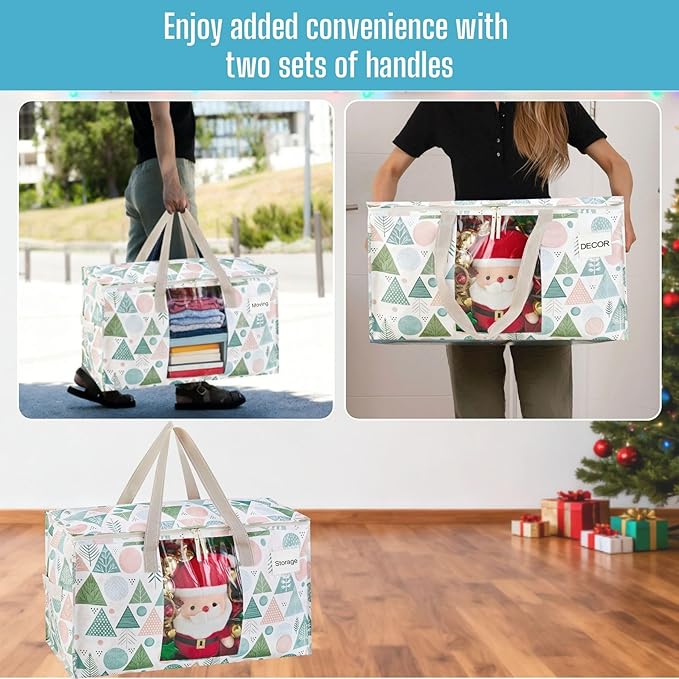 VENO 6 Pack Moving Bags, Large Christmas Storage Bins with lids, Packing Supplies for College, Alternative to Moving Boxes, Foldable, Heavy-Duty Tote, Christmas Pattern (Pastel Forest, 6 Pack)