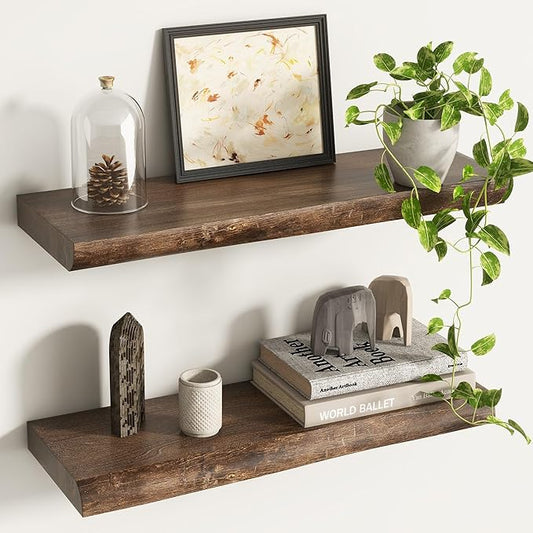 Live Edge Elm Floating Shelves for Wall Decor, Rustic Solid Wood Shevles Wall Mounted with Invisible Bracket for Living Room Bathroom Bedroom Kitchen, 24 Inch Set of 2, Walnut