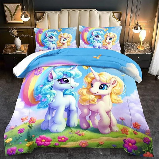 Unicorn Comforter Set Full,Kawaii Unicorn Bedding Set Full Kids,Rainbow Comforter Blue Bedroom Decor,Cute Animal Bedding Rainbow Bed Decor for Girls,Cartoon Blue Floral Quilt