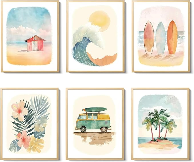 Beach Nursery Poster, Set of 6 Ocean Kids Wall Art Watercolor Summer Surf Wall Decor Beachy Boys Room Decor Funny Teen Coastal Surfboard Canvas Prints Aesthetic Unframed 12x16 inch