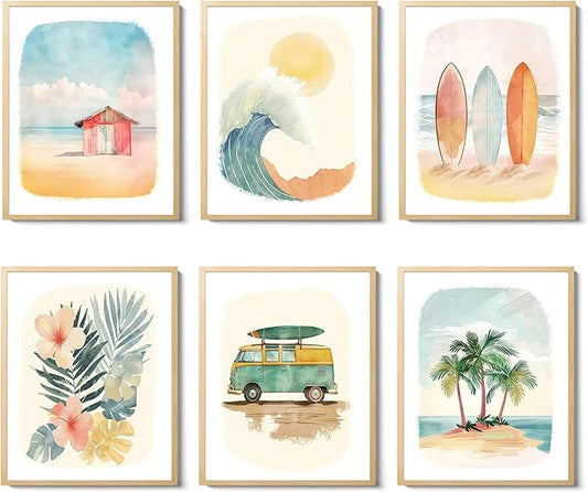 Beach Nursery Poster, Set of 6 Ocean Kids Wall Art Watercolor Summer Surf Wall Decor Beachy Boys Room Decor Funny Teen Coastal Surfboard Canvas Prints Aesthetic Unframed 12x16 inch