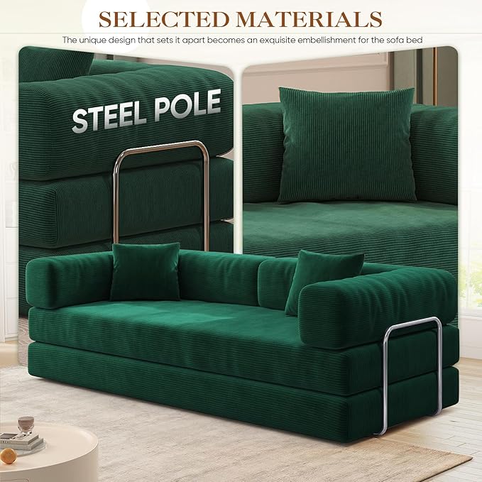 Antetek Convertible Futon Sofa Bed, 3-Seater Modern Corduroy Foam Floor King Size Bed Fold Out Sleeper Lounge Loveseat Sofa Couch with 2 Throw Pillows for Living Room Bedroom Guest Room, Turquoise