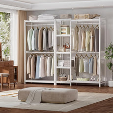 Homykic Bamboo Clothes Rack with Shelves and Double Hang Rods, Portable Closet System Garment Rack for Hanging Clothes, Tall Clothing Rack Corner Closet Organizer, Easy to Built, Freestanding, White