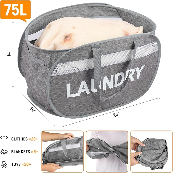Collapsible Laundry Baskets, Foldable Clothes Hamper with Reinforced Handles, Sturdy Pop Up Hampers for Laundry, Tear Proof & Easy to Carry Laundry Hamper for Home, Apartment, Dorm, Travel Grey