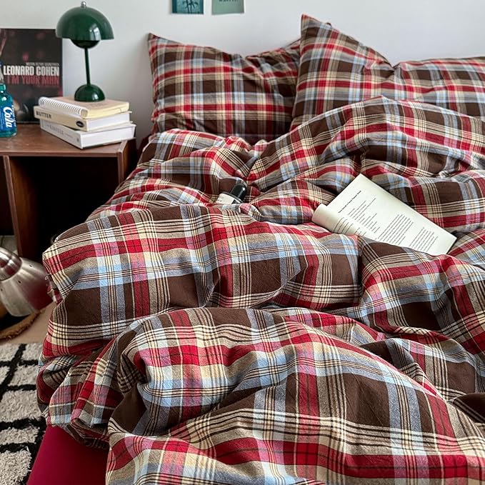 VM VOUGEMARKET Buffalo Gingham Duvet Cover Set Queen,3 Pieces Washed Cotton Bedding Set,Breathable Luxury Plaid Duvet Cover with Zipper Closure for Christmas (Red&Brown)