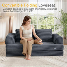 COMAX Convertible Sofa Bed, Folding Floor Couch Corduroy Fold Out Couch Bed Futon Sleeper Mattress with Pillows, Boneless Sofa Comfy Lounge Loveseat for Living Room Bedroom, Plush Grey