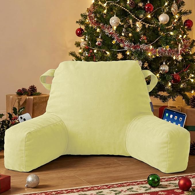 Portable Comfy Reading Pillows for Bed Sitting Up(Yellow Oeko-Tex), Velvet Back Pillow with Arms & Pockets for Adults, Support Memory Foam Bed Pillow for Dorm/Reading/Watching/Gaming