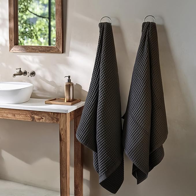 PÜSKÜL - Premium Waffle Towel Set 4 Pieces Gray Anthracite - Organic 100% Turkish Cotton Quick-Dry Towels for Bathroom Made in Turkiye (Dark Gray, Towel Set - 2 Hand & 2 Bath Towels)