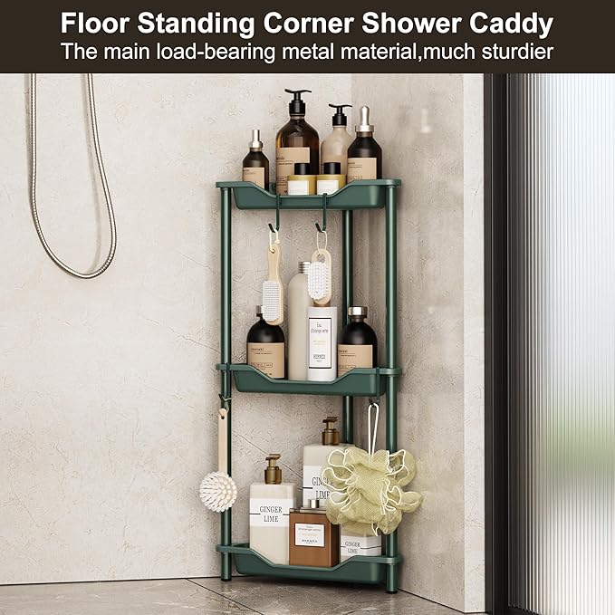 Orimade Rustproof 3 Tier Floor Standing Corner Shower Caddy Organizer, Plastic Metal Splicing Floor Corner Shelf Rack Stands for Bathroom, Dark Green