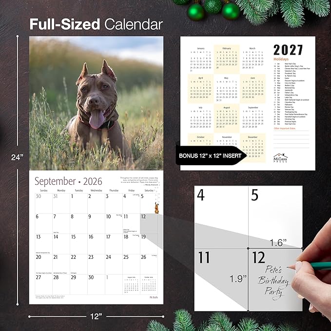 MICASA PRESS Pit Bulls 2026 Wall Calendar 12 Month | 12" x 24" Open | Thick & Sturdy Paper | Holiday Gift | Cute Puppy Dog Calendar 2026