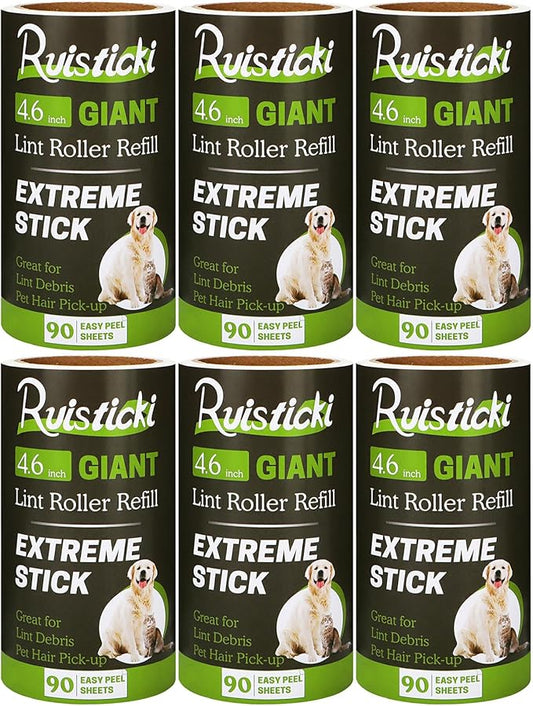 4.6 inch Lint Roller Refills Compatible with Evercare Giant Lint Rollers and T Handle Pet Hair Roller Extreme Stick 90 Sheets Each Refill Roll (Pack of 6, 540 Sheets Total)