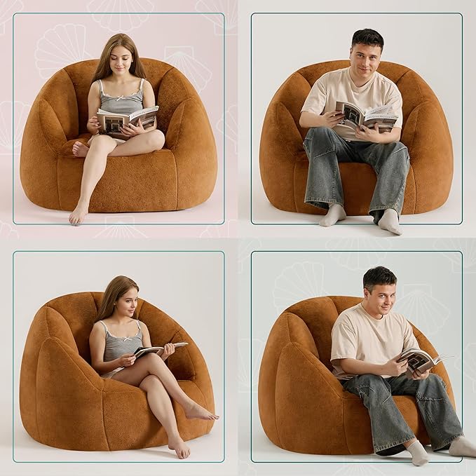 Swivel Giant Bean Bag Chair for Adults - Comfy Plush Round Shell Soft Accent Chair, Oversized Cozy Floor Sofa for Living Room, Bedroom & Game Rooms, Orange