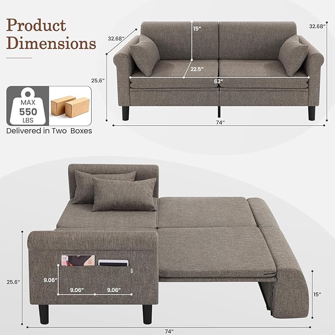 SEJOV 74" Convertible Sofa Bed, 5-in-1 Loveseat Sleeper Sofas with Pull Out Couch Bed, Storage Pockets & 2 Pillows, Modern Folding Linen Futon Couch for Living Room, Bedroom, Small Space, Brown