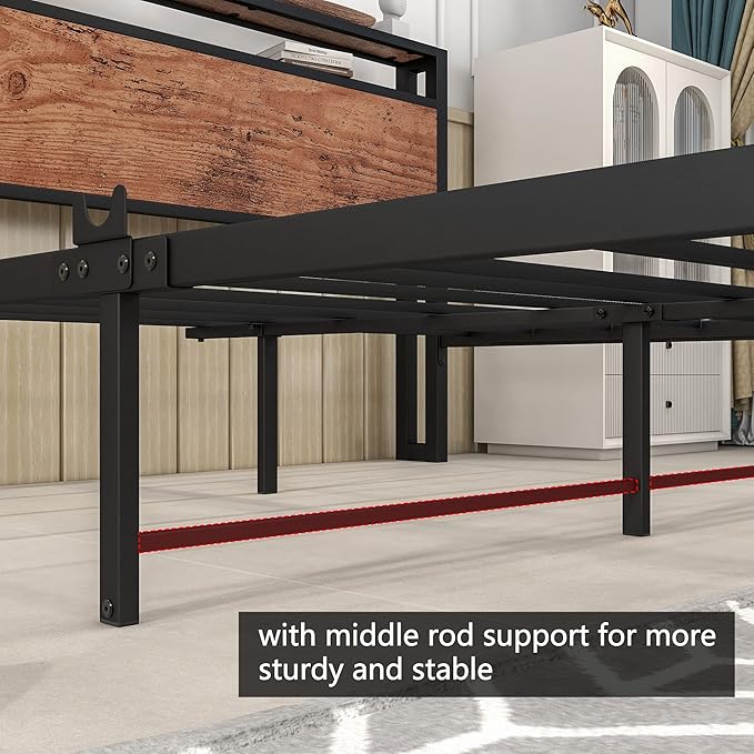 HOJINLINERO Queen Bed Frame with Storage Headboard/Charging Station,Metal Queen Size Bed Frame with Power Outlets/USB Ports No Box Spring Needed,Under Bed Storage,Easy Assembly,Rustic Brown