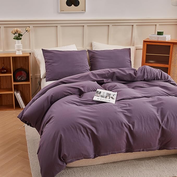 ECOCOTT Purple Duvet Cover Super Queen Size - 100% Washed Cotton Durable Soft Comfy Duvet Cover Set, 3 Pieces Duvet Cover with Zipper Closure (Purple, 98''x90'')