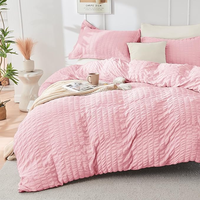 HYMOKEGE Pink/Ivory Queen Comforter Set Seersucker 7 Pieces, All Season Luxury Bed in a Bag Queen for Bedroom, Bedding Set with Comforter, Sheets, Pillowcases & Shams