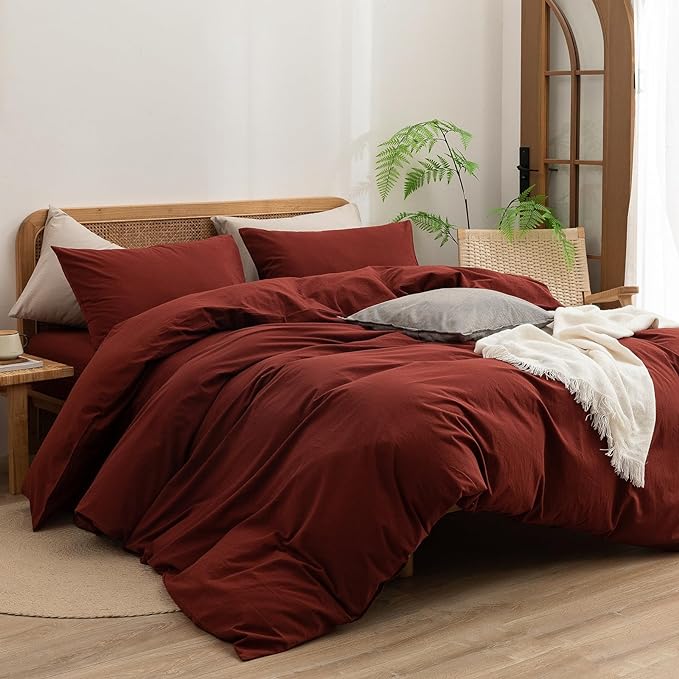 BESTOUCH Duvet Cover Set 100% Washed Cotton Linen Feel Super Soft Comfortable Chic Lightweight 3 PCs Home Bedding Set Solid Fired Brick Red Super King