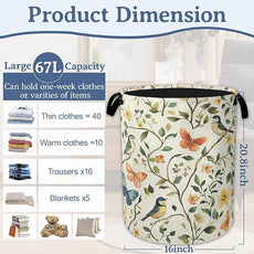 Bird Butterfly Laundry Basket,Oxford Cloth Vintage Nature Laundry Hamper With Handle Foldable Portable Clothes Storage Basket for Laundry Room/Bedroom/Bathroom 20.8