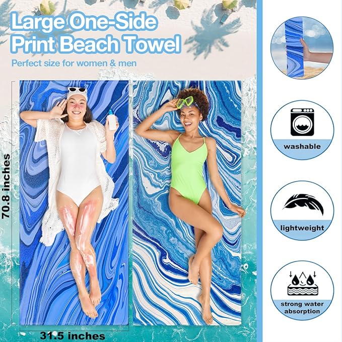 2 Pack Ocean Waves Sea Microfiber Lightweight Beach Towel Quick Dry Soft Towels for Swimming Pool Camping Beach Accessories Cruise Vacation Necessities for Bathroom Pool Camping Travel 32x71 inch