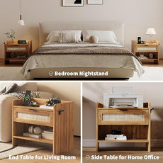 Rattan Nightstand Set of 2, Bedside Table with Type-C Charging Station - 1 Drawer & Open Storage Space, Boho End Table Side Table for Bedroom, Large Rattan Night Stand with Charging Port