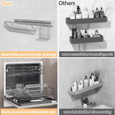 MINGLING Stainless Steel Shower Caddy, 41 cm Wall Back Crossbar Rustproof Shelves with 2 Long Tail Hook Clip, Large Capacity Bathroom Organizers and Storage