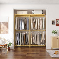 Homykic Bamboo Clothes Rack with Shelves and Double Hang Rods, Portable Closet System Garment Rack for Hanging Clothes, Tall Clothing Rack Corner Closet Organizer, Easy to Built, Natural