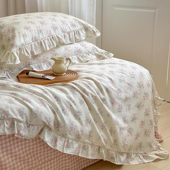 MKXI Twin XL Size Pink Floral Comforter Set - 3 Piece Ruffled Lace Bedding Set 1 Twin XL Comforter with 2 Pillowcases All Seasons, Soft Aesthetic Princess Style Floral Comforter for Girls, Women