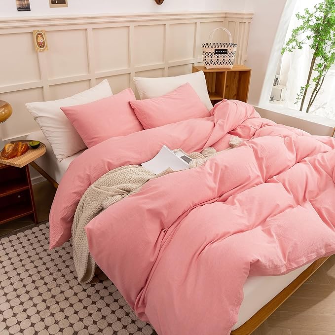 ECOCOTT Pink Duvet Cover Queen Size - Linen Feel Organic Natural 100% Washed Cotton, Soft Breathable 3 Pieces Bedding Set with Zipper Closure