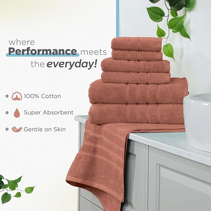 Martex 6-Piece Towel Set – Ultimate Performance – 100% Cotton – 2 Bath Towels – 2 Hand Towels – 2 Wash Cloths – Versatile – Low-Linting – Supersoft & Absorbent Bathroom Set – Easy Care – Terracotta
